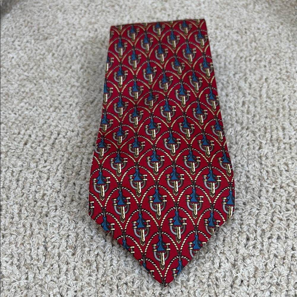 John Comfort Red and Blue Geometric Silk Tie